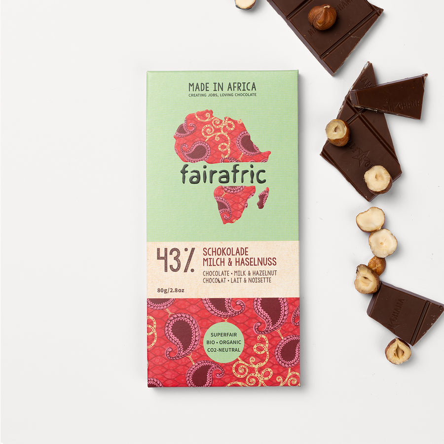 Fairafric 43% with milk and hazelnut organic chocolate