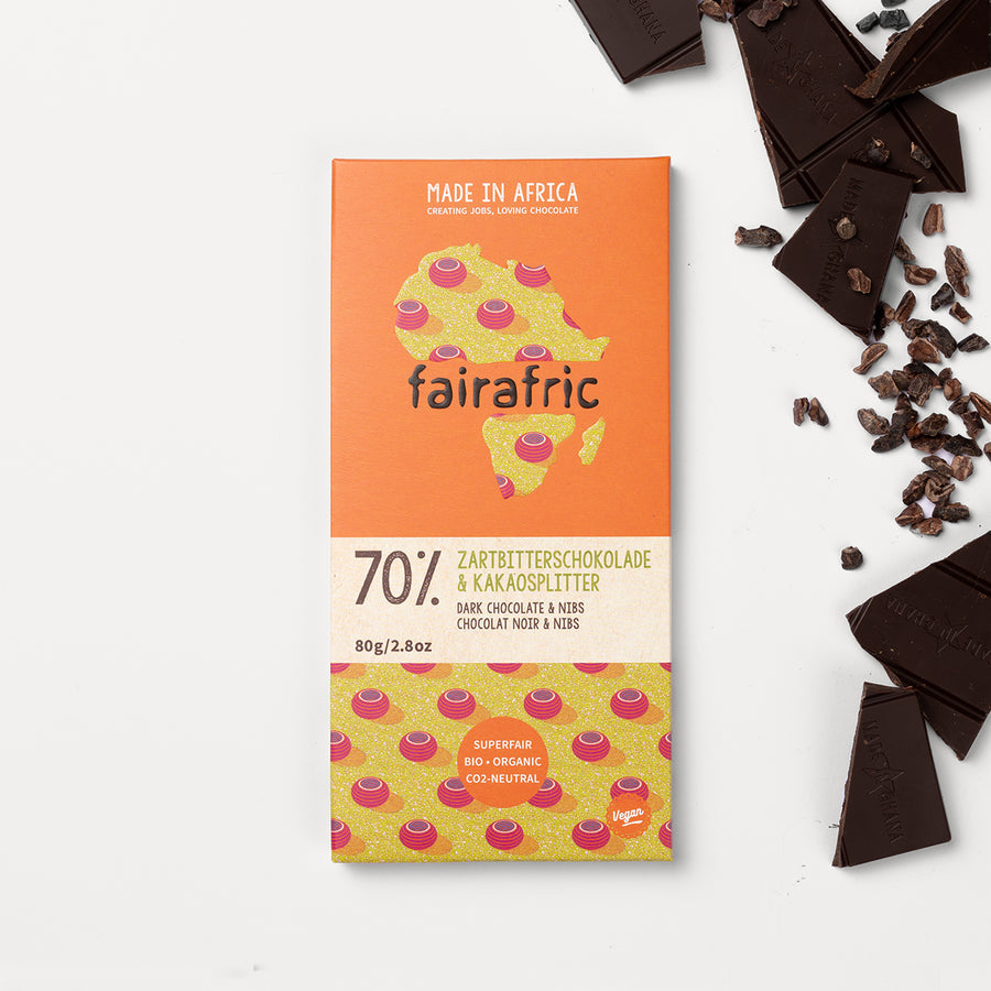 Fairafric 70% with cocoa nibs organic dark chocolate | Vegan